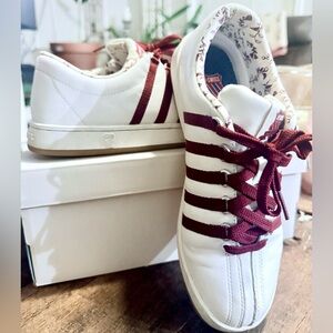 K-Swiss Women's White and Burgundy Sneakers with floral inner lining